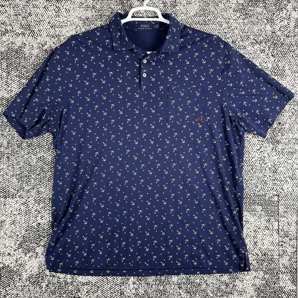 Polo Ralph Lauren Short Sleeve Polo Shirt Mens XL Anchor Print r67 Blue‎